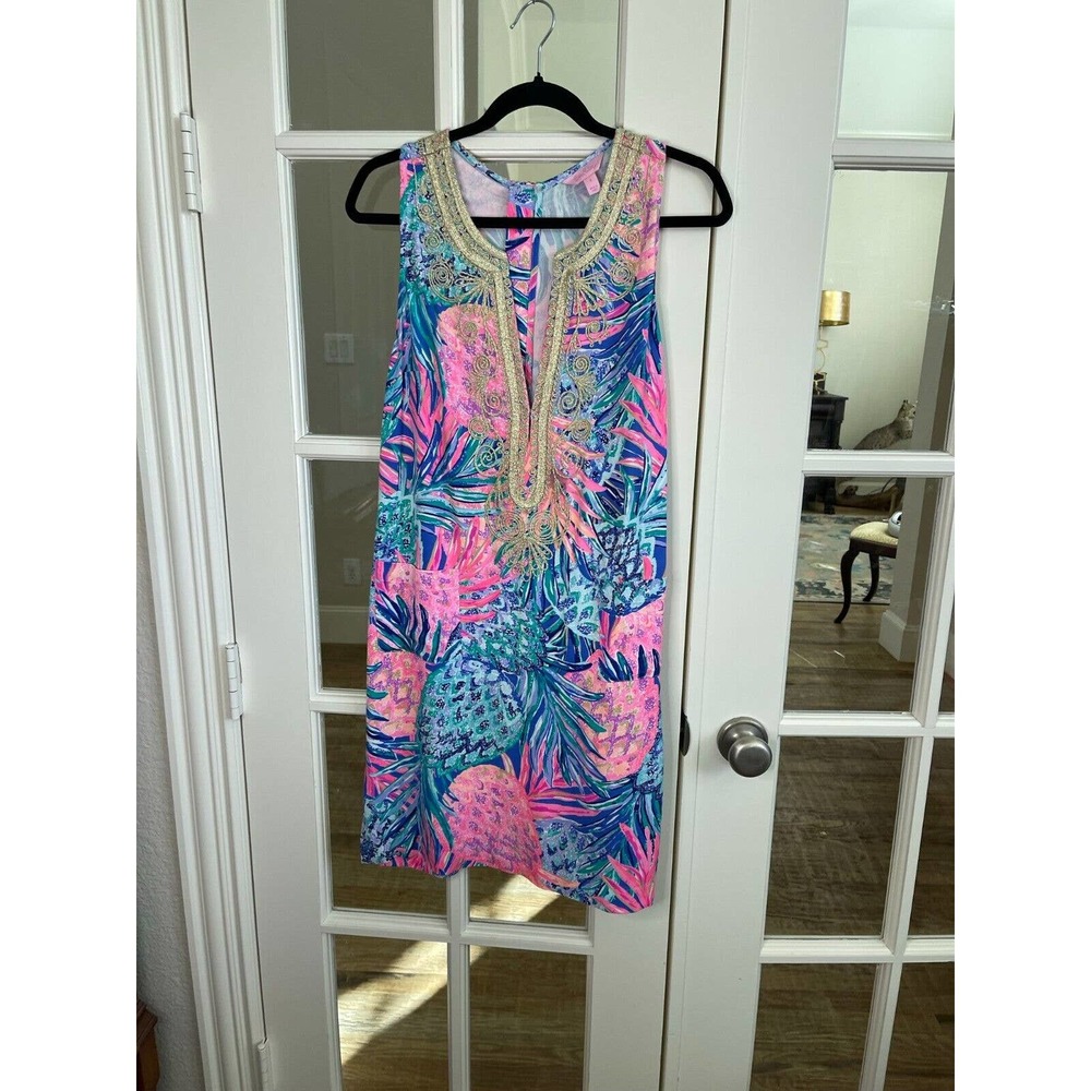 Lilly Pulitzer Carlotta Gypset Paradise Gold Cording Stretch Shift Dress Women 8